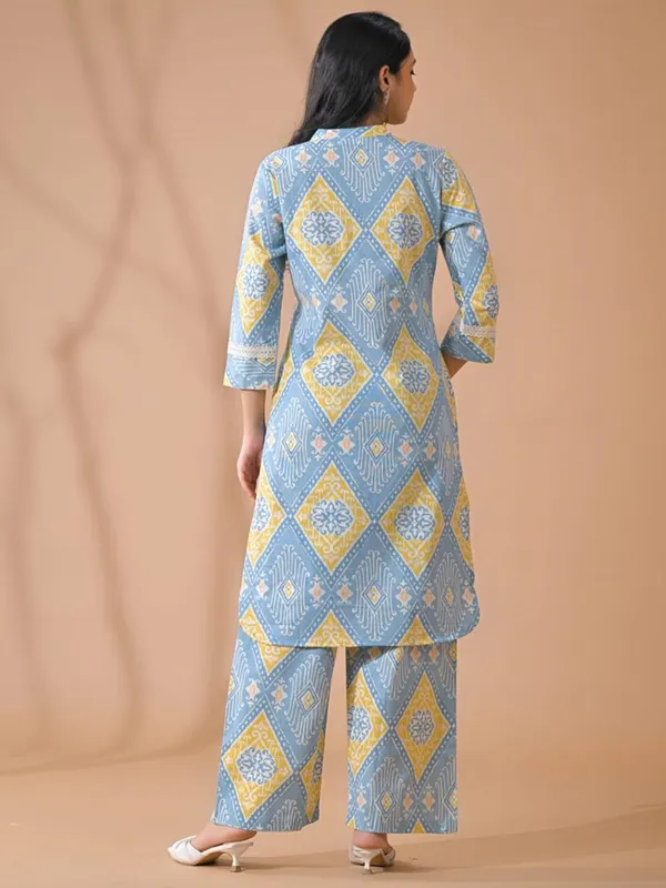 Light blue silk printed kurti palazzo set