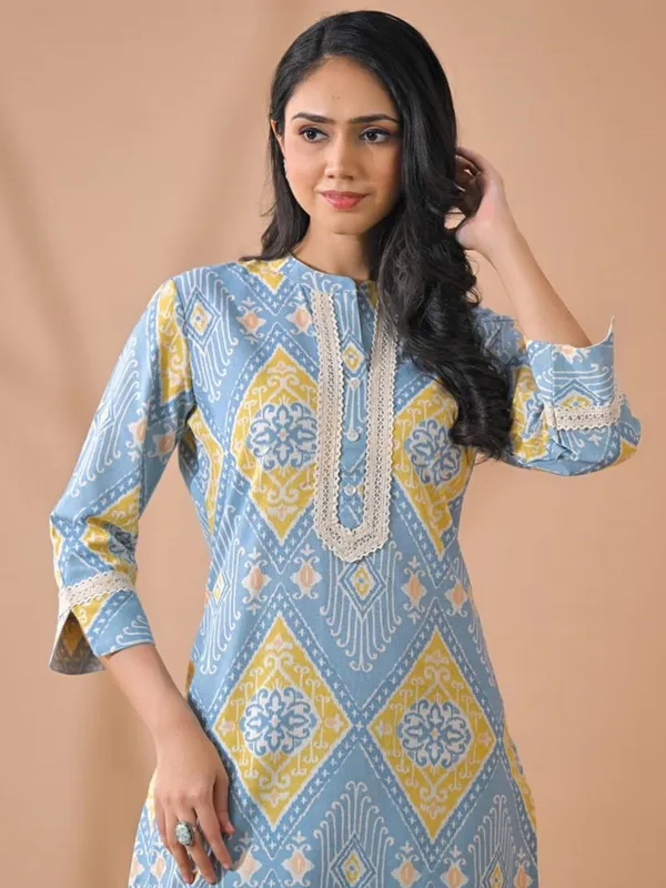 Light blue silk printed kurti palazzo set