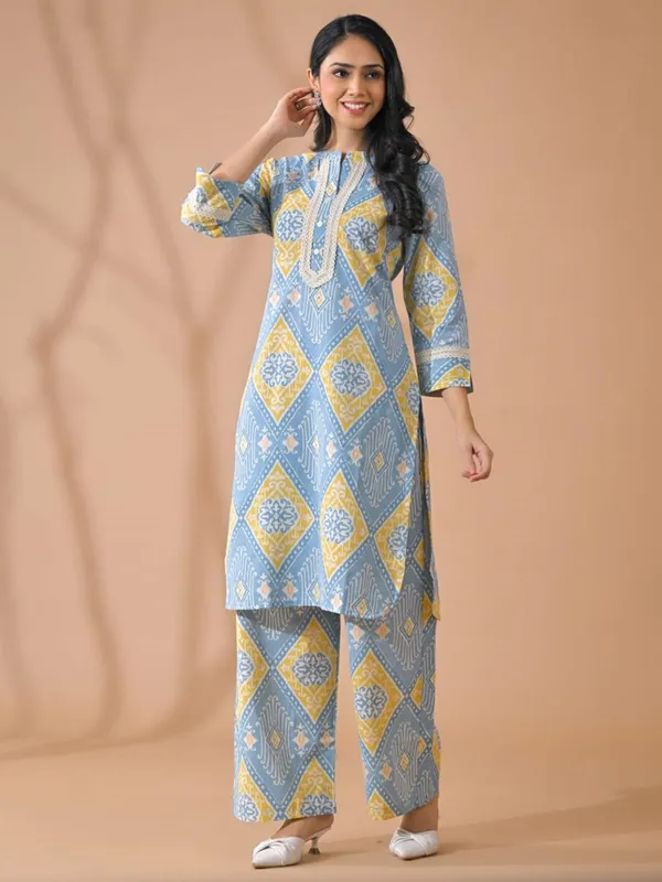 Light blue silk printed kurti palazzo set