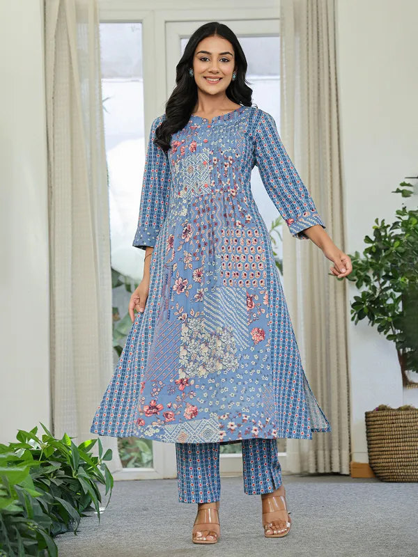 Light blue silk printed kurti set