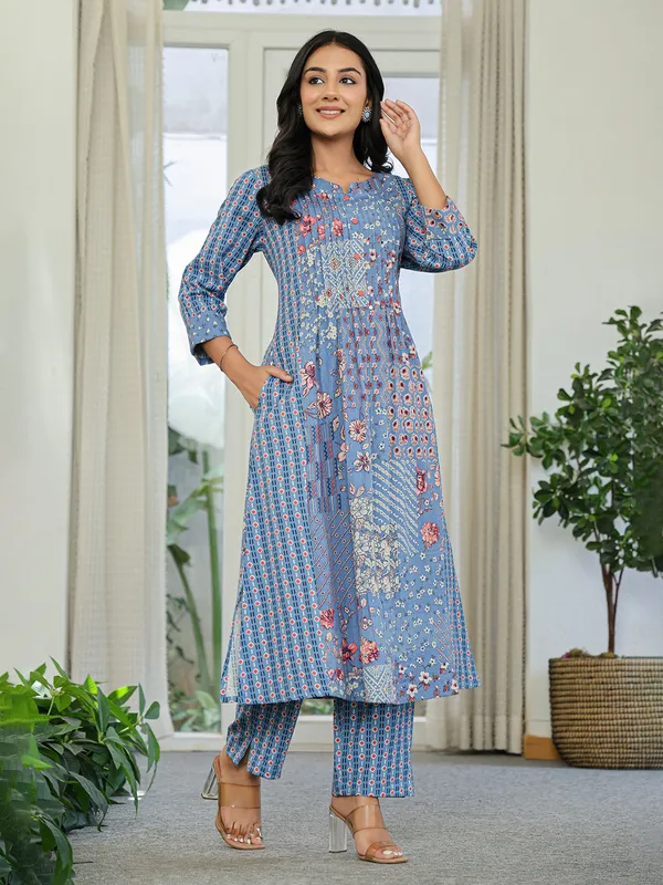 Light blue silk printed kurti set