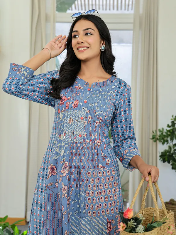 Light blue silk printed kurti set