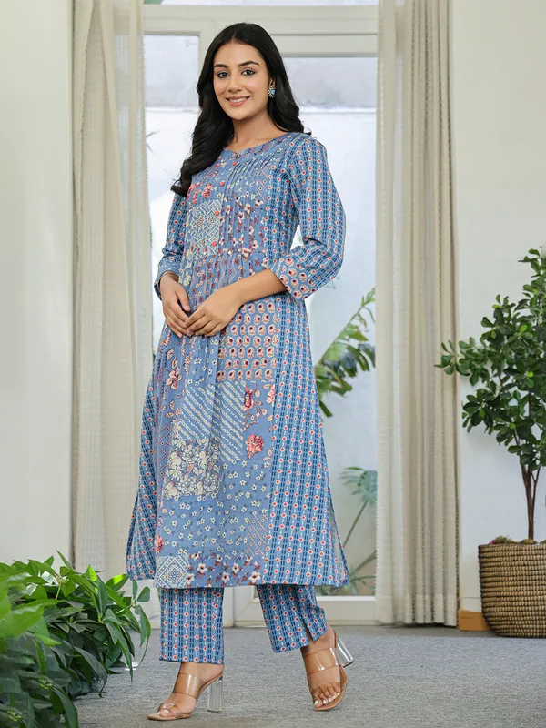 Light blue silk printed kurti set