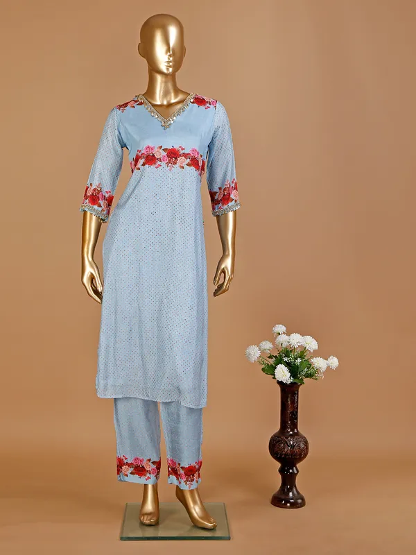 Light blue silk printed kurti with pant