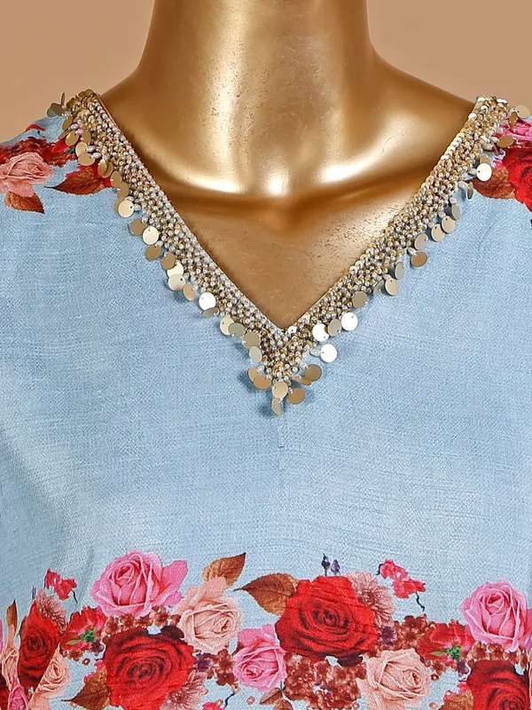 Light blue silk printed kurti with pant
