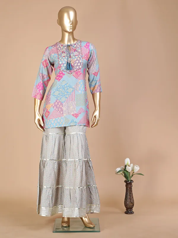 Light blue silk printed sharara suit with dupatta
