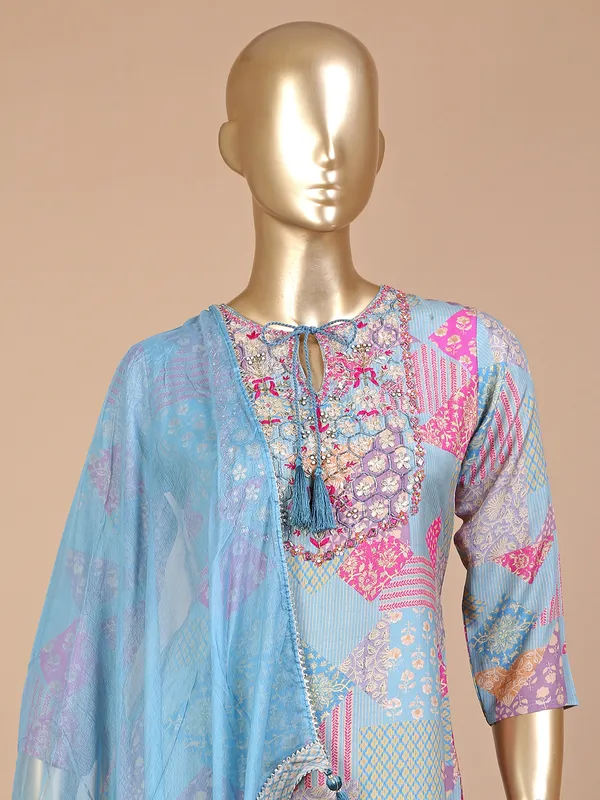 Light blue silk printed sharara suit with dupatta