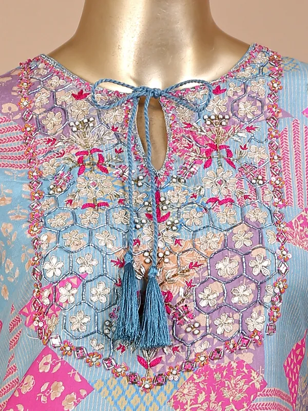 Light blue silk printed sharara suit with dupatta