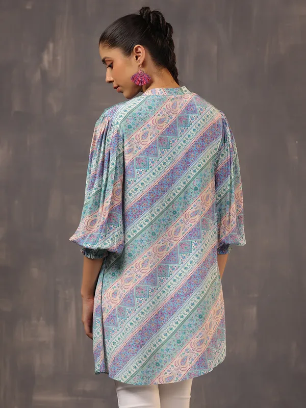 Light blue silk tunic top with attractive print