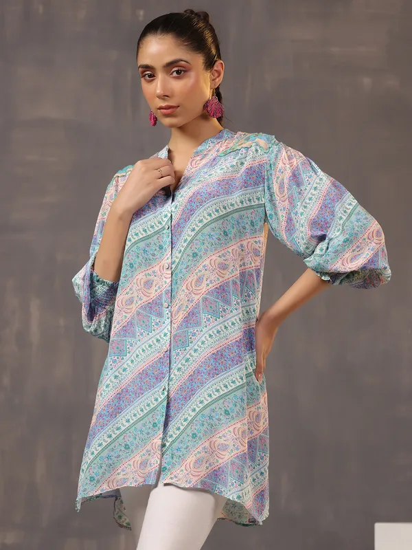 Light blue silk tunic top with attractive print
