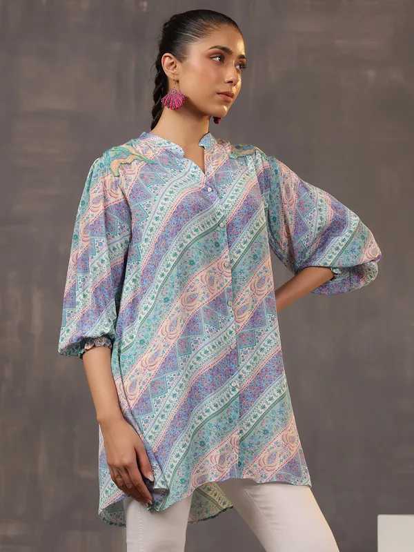 Light blue silk tunic top with attractive print