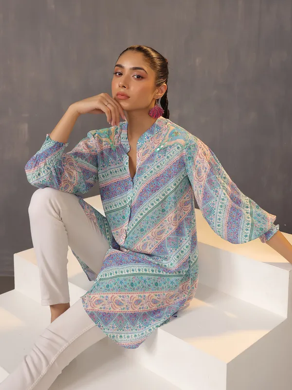 Light blue silk tunic top with attractive print