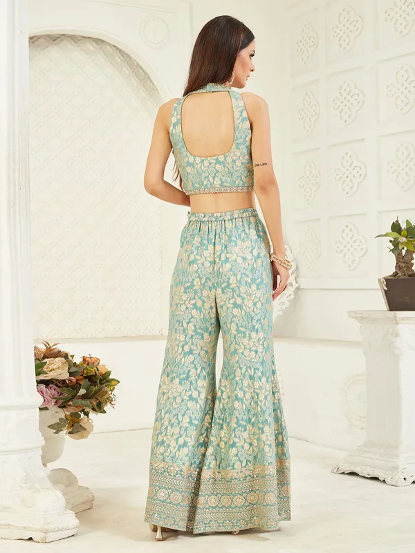 Light blue sleeveless designer silk palazzo suit