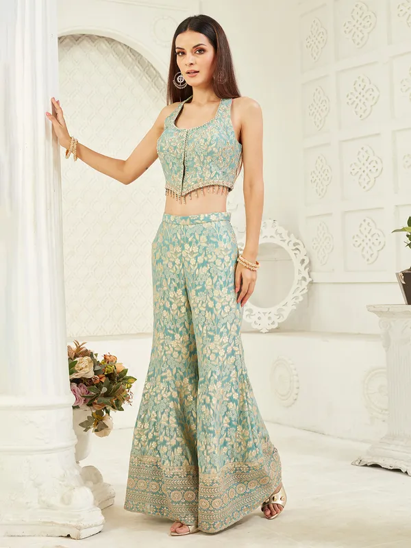 Light blue sleeveless designer silk palazzo suit