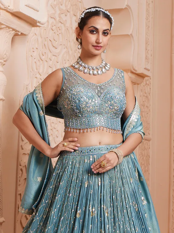 Light blue tissue lehenga choli for wedding