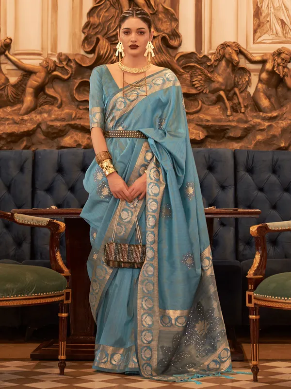 Light blue tussar silk zari work saree