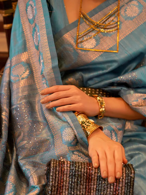 Light blue tussar silk zari work saree