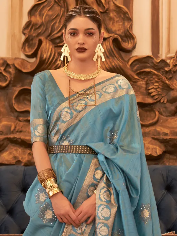 Light blue tussar silk zari work saree