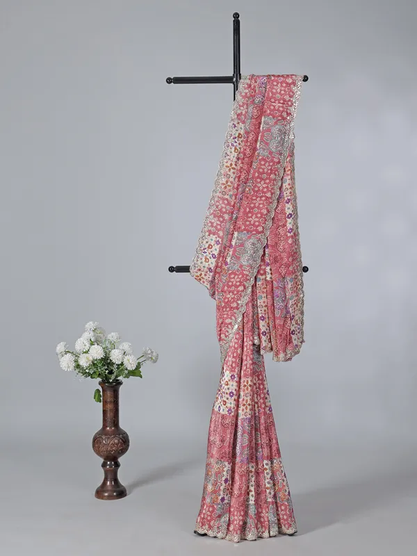 Light brown crepe silk saree in printed