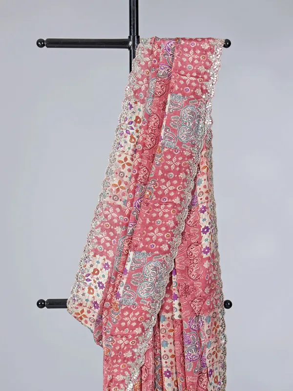 Light brown crepe silk saree in printed