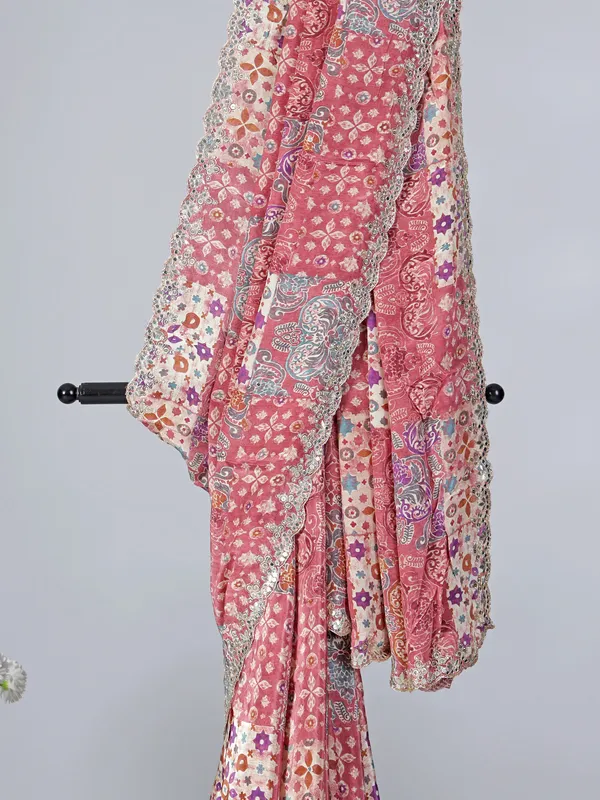 Light brown crepe silk saree in printed