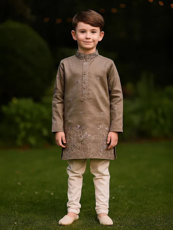 Light brown embroidered cotton silk kurta suit