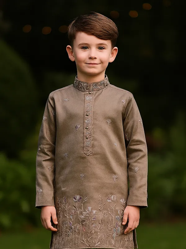 Light brown embroidered cotton silk kurta suit