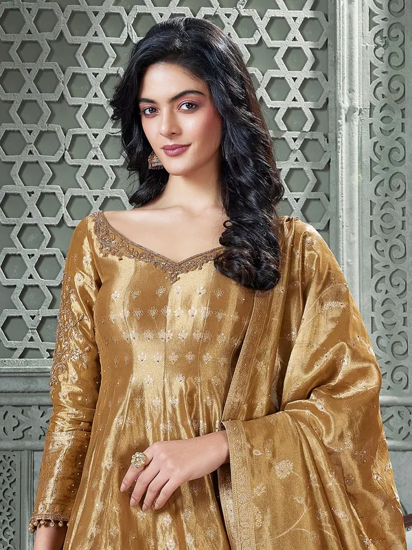 Light brown palazzo suit with rich zari embellishment