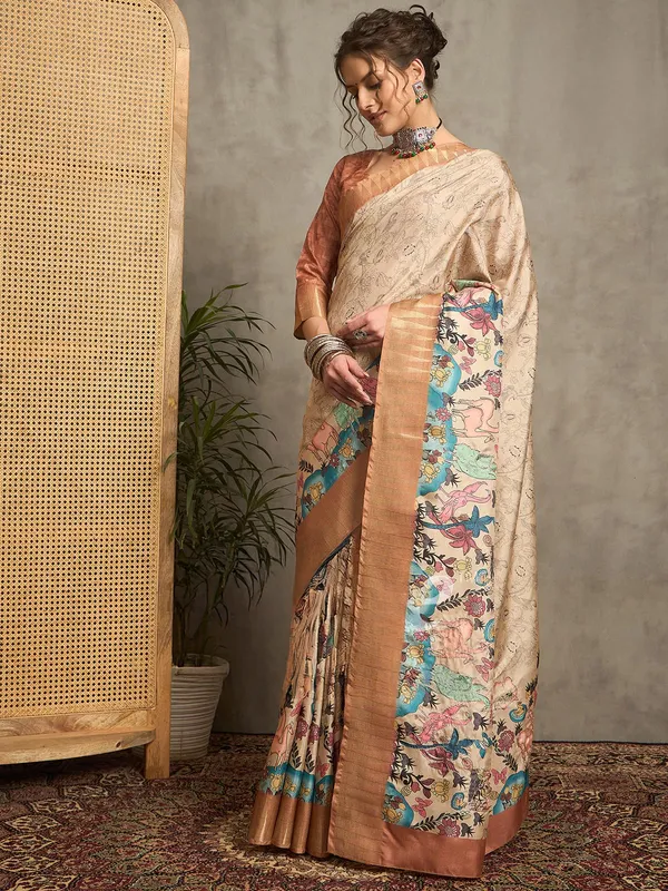Light brown printed bhagalpuri silk saree