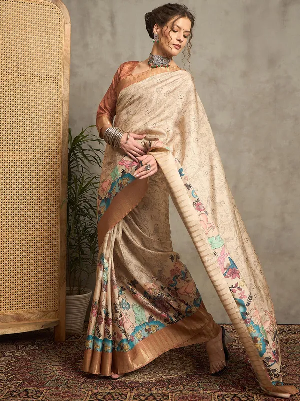 Light brown printed bhagalpuri silk saree