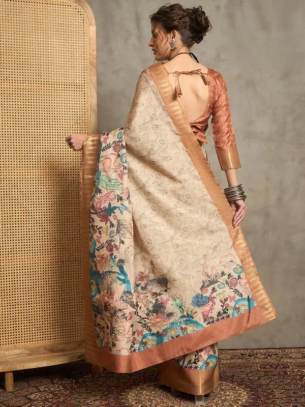 Light brown printed bhagalpuri silk saree