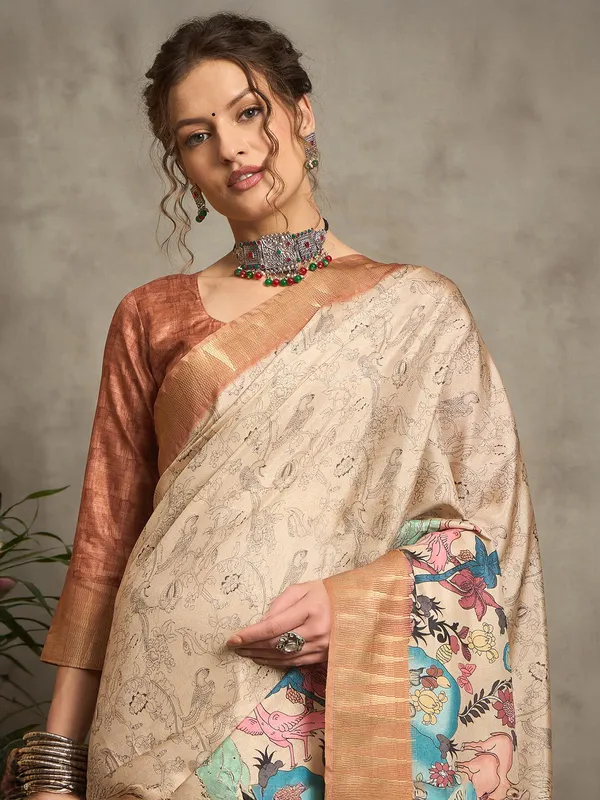 Light brown printed bhagalpuri silk saree