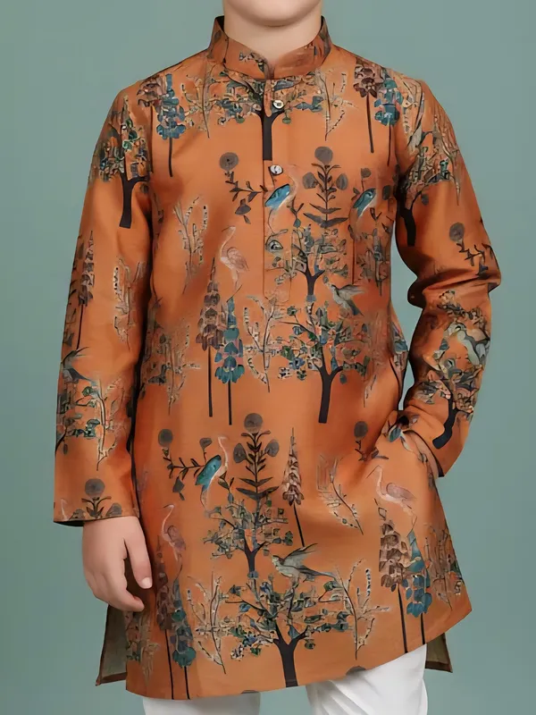 Light brown printed cotton kurta churidar suit