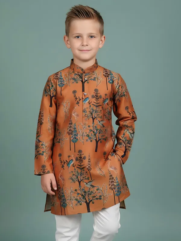 Light brown printed cotton kurta churidar suit