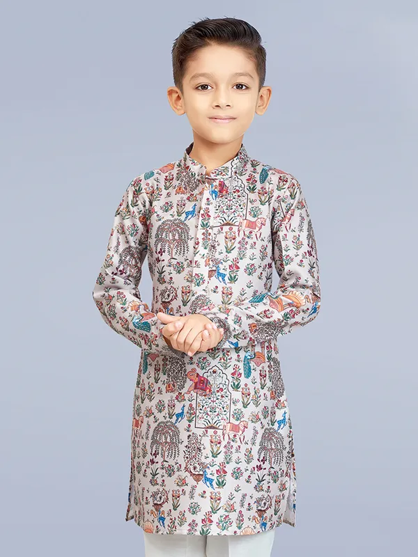 Light brown printed kurta suit for boys