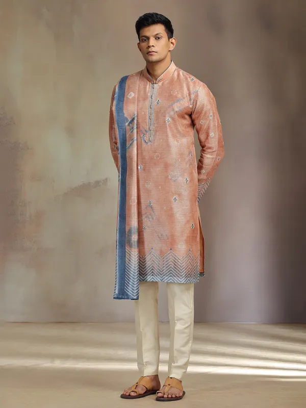 Light brown printed boho silk kurta suit with dupatta