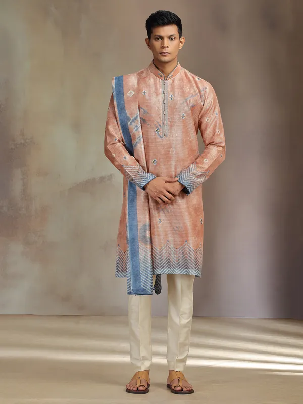 Light brown printed boho silk kurta suit with dupatta