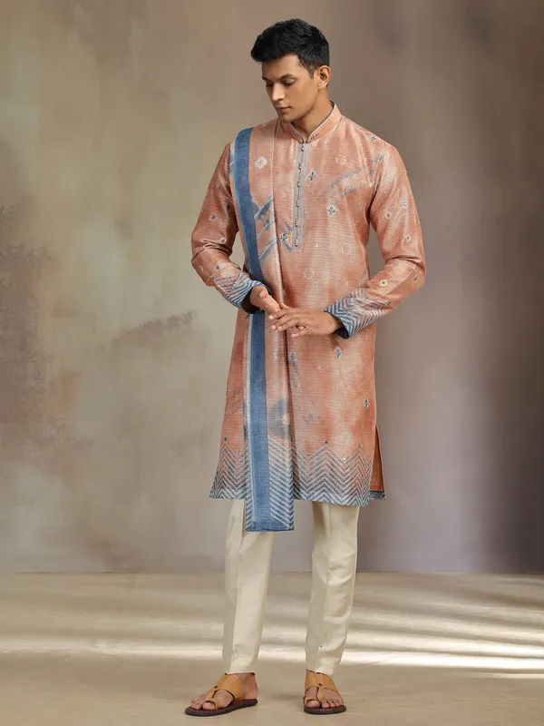 Light brown printed boho silk kurta suit with dupatta