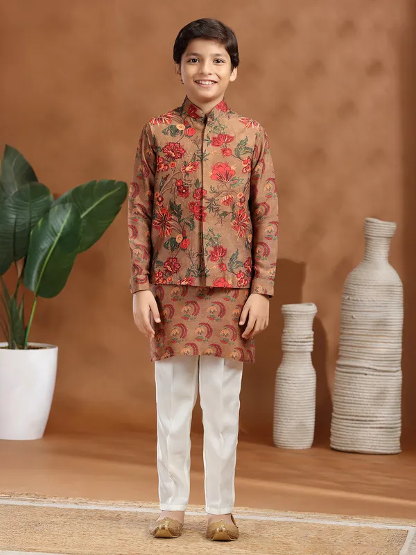 Light brown raw silk printed waistcoat set