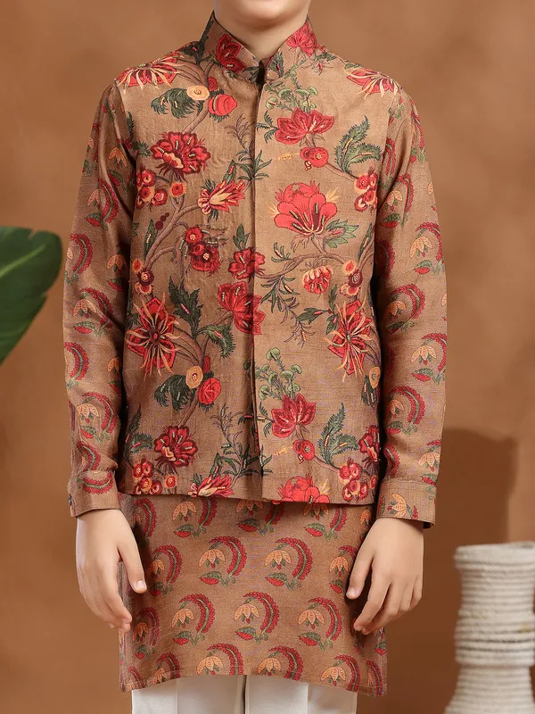 Light brown raw silk printed waistcoat set