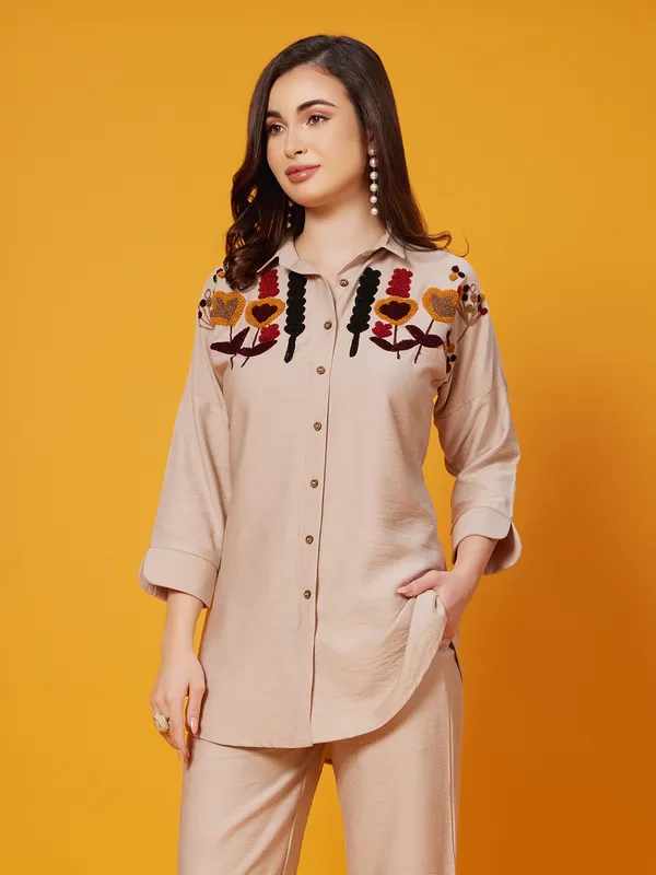 Light brown silk co-ord set with embroidery