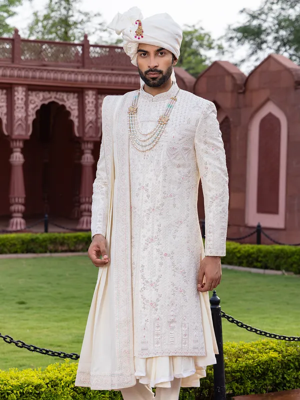 Light cream raw silk peshwai style sherwani