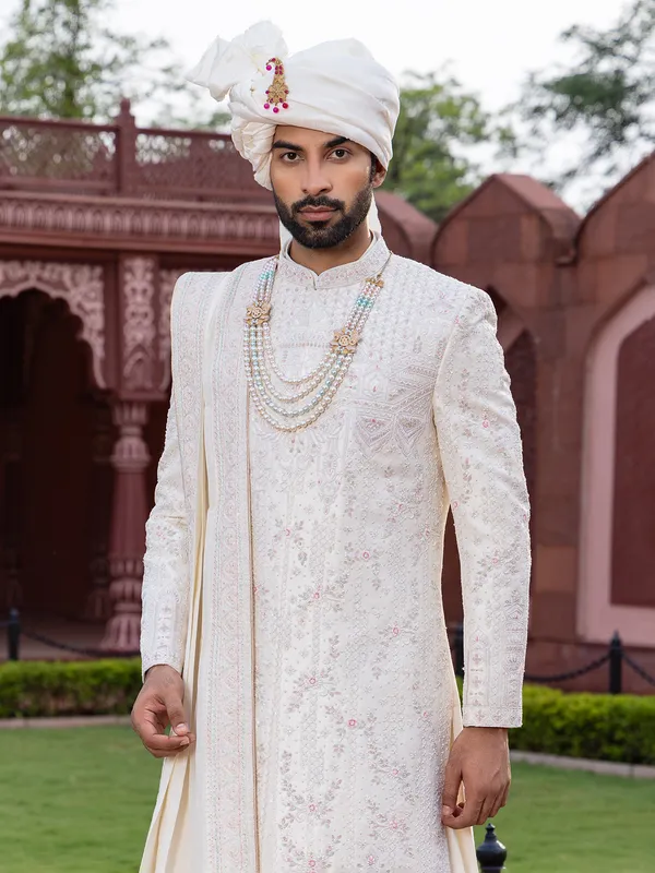Light cream raw silk peshwai style sherwani