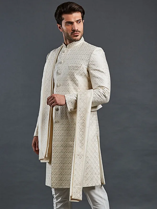 Light cream stylish sherwani for groom