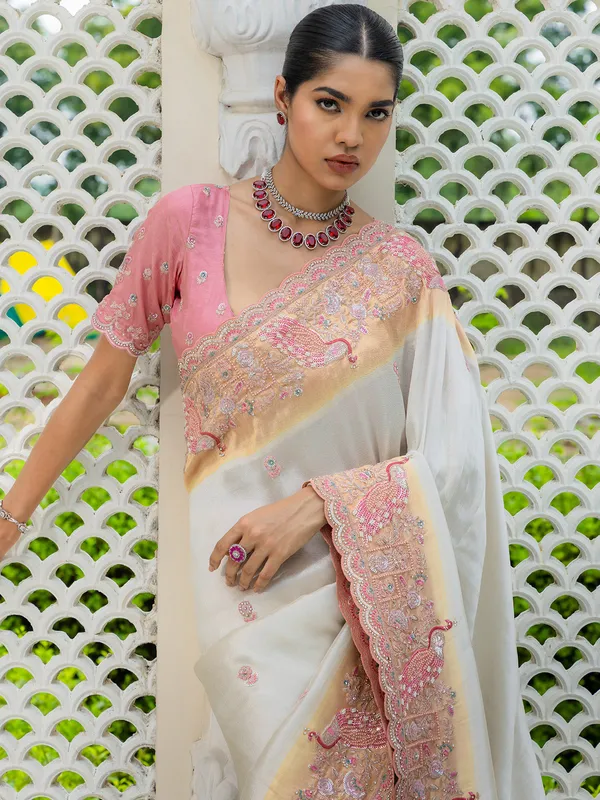 Light cream wedding wear silk saree