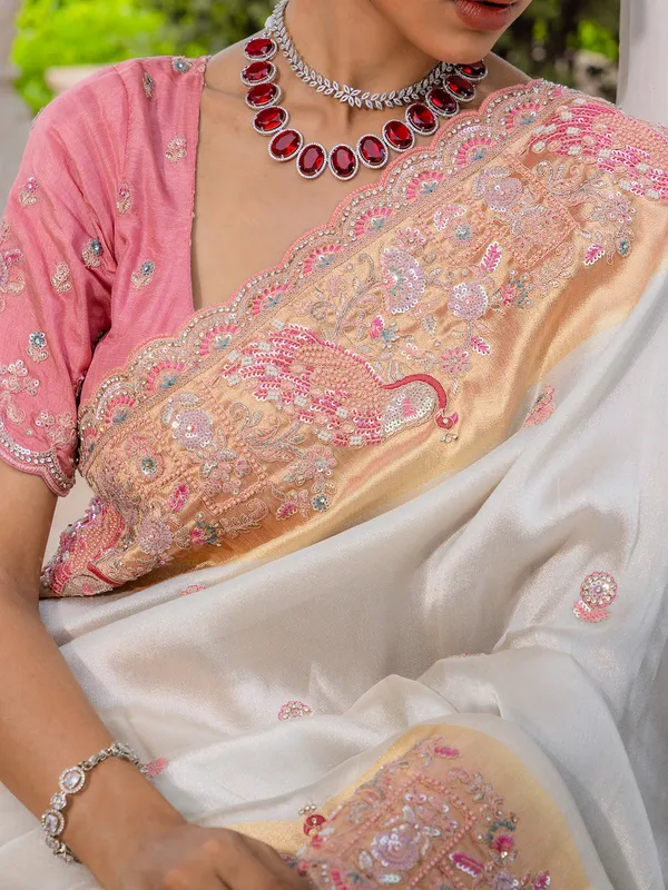 Light cream wedding wear silk saree
