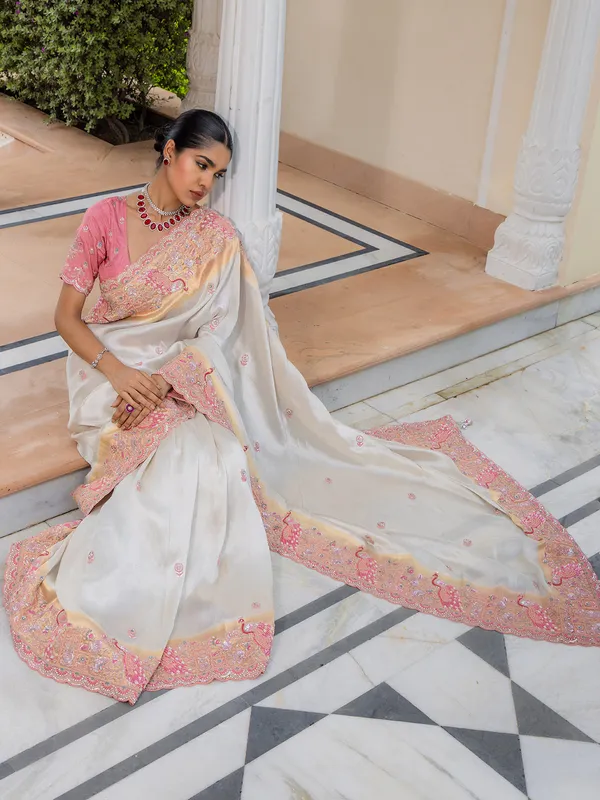 Light cream wedding wear silk saree