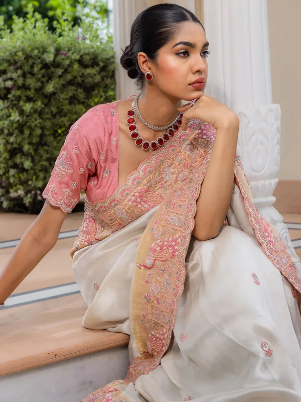 Light cream wedding wear silk saree