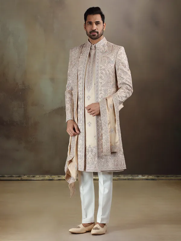 Light gold crochet long jacket sherwani with dupatta