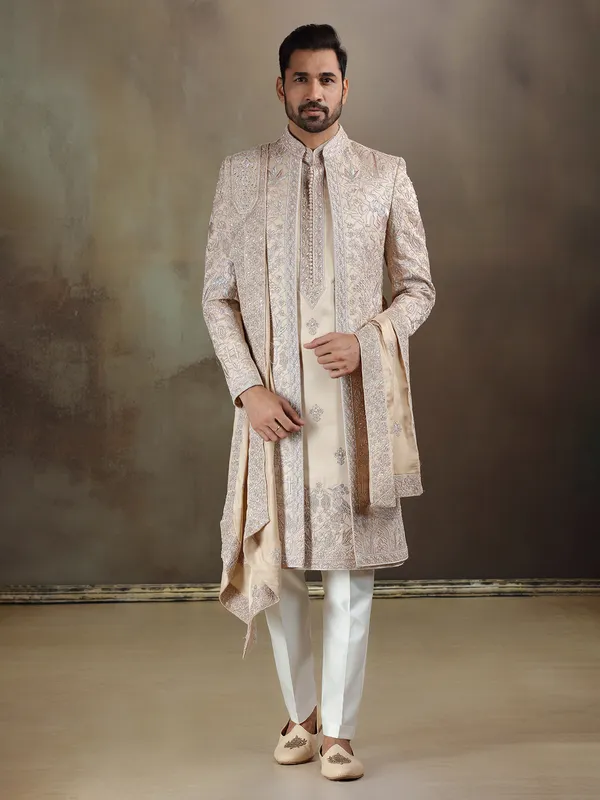 Light gold crochet long jacket sherwani with dupatta